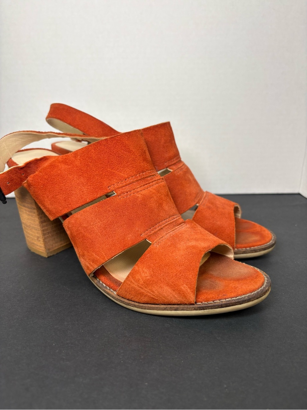 Clarks Orange Suede Slingback Block Heel Sandals